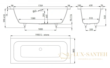 ванна salini orlanda axis 103221m s-stone 190.5x80 см, белый