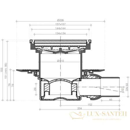 душевой трап bettoserb confluo standard ceramic 1 13000085 144x144/50 мм под плитку, хром