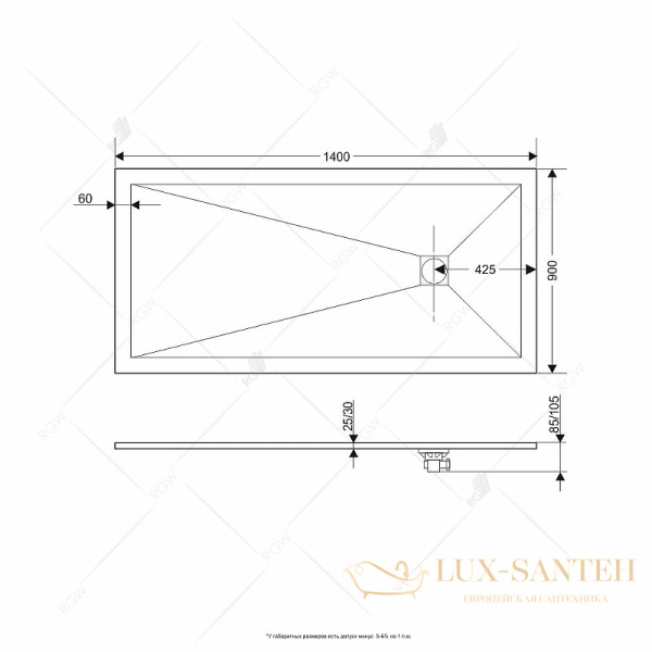 душевой поддон rgw stt 16152914-02 из искусственного камня st-0149g 90x140x2,5, серый