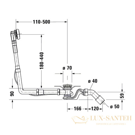 слив-перелив duravit 792208000001000 удлиненный, с гибким выпускным шлангом, хром глянцевый