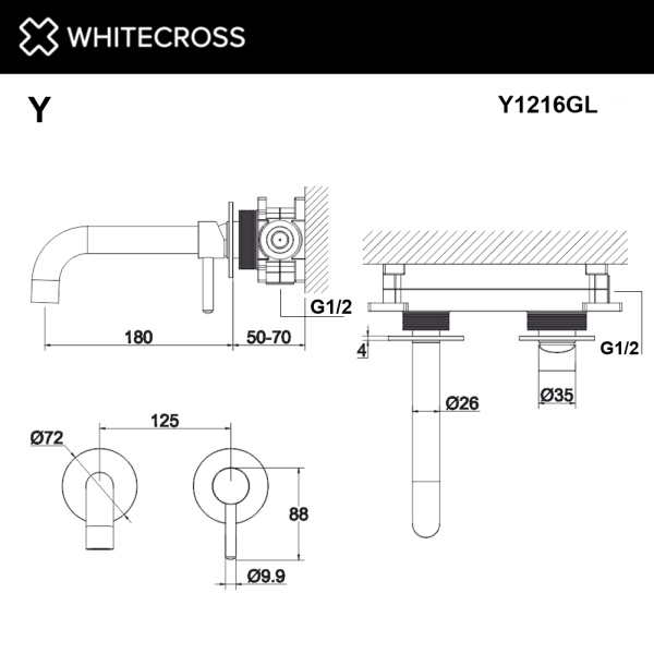 смеситель для умывальника скрытого монтажа whitecross y y1216gl, золото