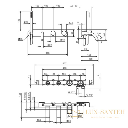 смесители для ванны fantini nice, 65 02 s020sb, встраиваемый, излив 150 мм, с ручным душем, (наружняя часть), хром