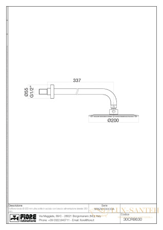 верхний душ fiore 30bb8630 20 см и кронштейн 35 см, белый матовый