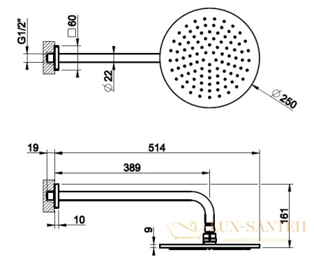 верхний душ gessi rilievo 59148.030 ø 200 мм, медь