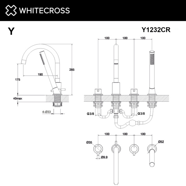 смеситель для ванны на 4 отверстия whitecross y y1232cr, хром