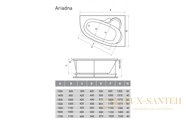 ванна акриловая relisan ariadna r 150x110