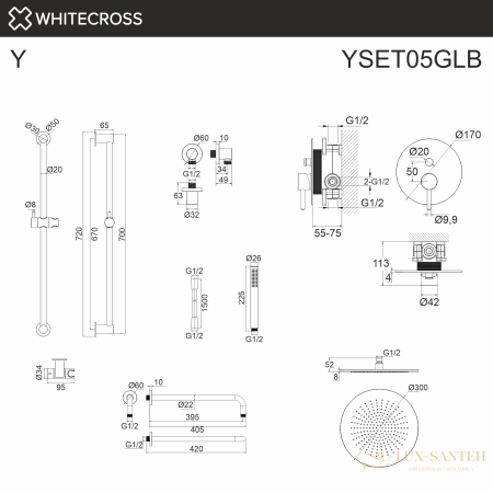 система для душа скрытого монтажа whitecross y yset05glb, брашированное золото