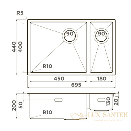 кухонная мойка omoikiri taki 69-2-u/if-in-r side 4993182, нержавеющая сталь