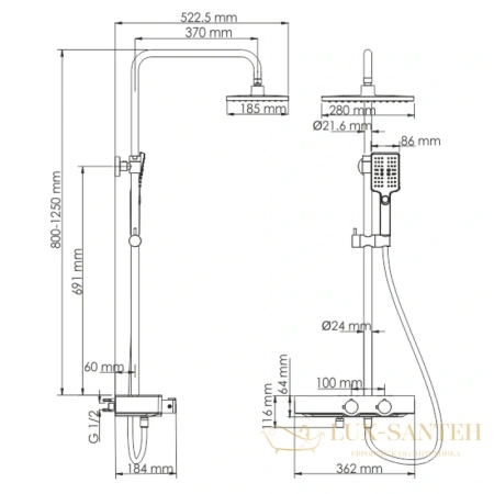 душевая система wasserkraft thermo a11301 280х185 мм, хром/белый