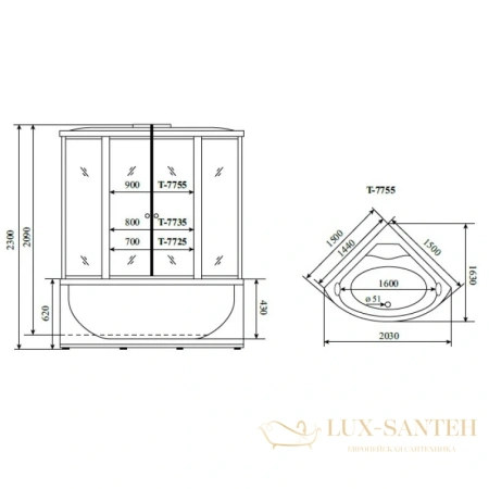 душевая кабина timo lux t-7755 150x150x230 см, стекло прозрачное