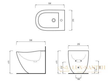 биде напольное cielo fluid flbi pm, 530x370x415h мм, с отверстием под смеситель, переливом и комплектом креплений, pomice