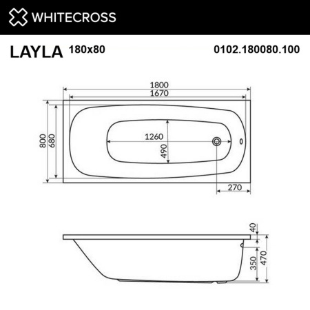 ванна whitecross layla 180x80 "nano", 0102.180080.100.nano.gl, белый