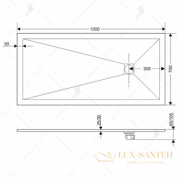 душевой поддон rgw stone tray 16152716-02 из искусственного камня st-0167g 160x70, графит