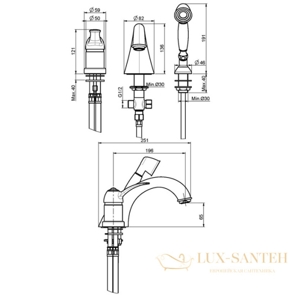 смеситель на борт ванны fima carlo frattini lamp, f3314br, с душевым комплектом, бронза