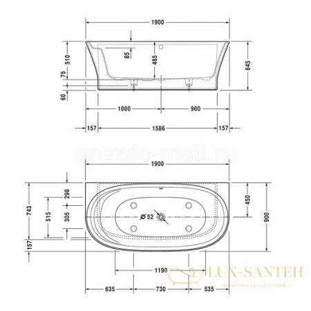 ванна duravit cape cod 700364000000000 190х90, белый