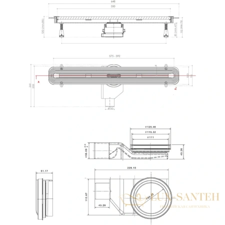 душевой канал bettoserb confluo slim line plus 13100026 550 мм, матовый хром