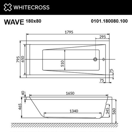 ванна whitecross wave 180x80 "line nano", 0101.180080.100.linenano.gl, белый