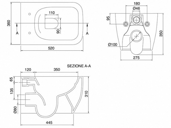 унитаз scarabeo teorema 2.0 bioker 5126/cl 37 bk, подвесной безободковый без креплений и сиденья, lava