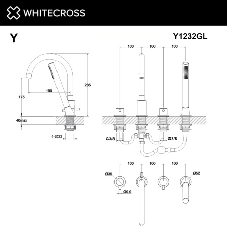 смеситель для ванны на 4 отверстия whitecross y y1232gl, золото