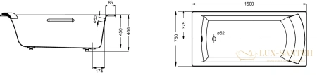 чугунная ванна jacob delafon biove 150x75 e6d903-0 белая, с антискользящим покрытием