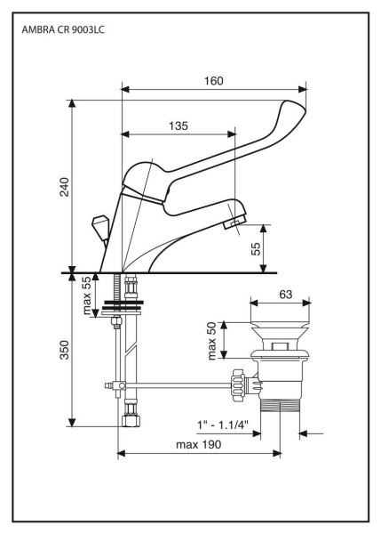 смеситель для раковины emmevi ambra 9003/lc/cr с длинным рычагом и донным клапаном, хром