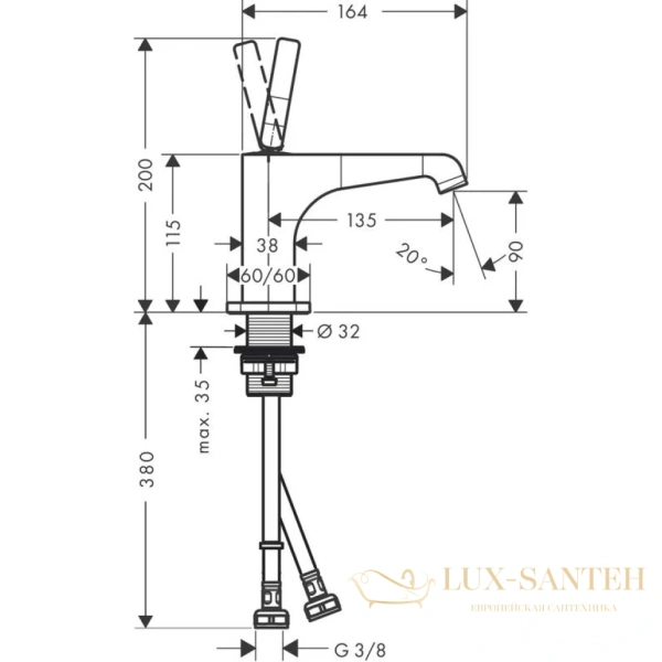 axor citterio, 36102000, e, смеситель для раковины 90, на 1 отв., излив 135мм, с незапираемым донным клапаном, хром