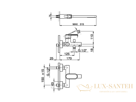 смеситель для ванны cisal lineaviva, lv00013021, настенный, хром