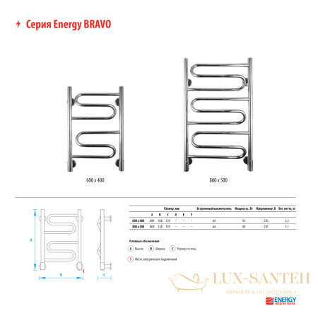 полотенцесушитель электрический energy bravo 600/400 42w, хром