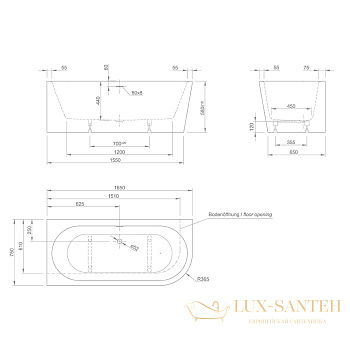 knief wall, 0100-255-r, corner r ванна в левый угол 165x75*58xсм, щелевой перелив, без слива-перелива, белый