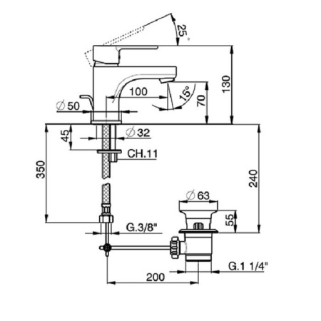 смеситель однорычажный для раковины, cisal tender, c200051021, на 1 отверстие с донным клапаном, хром