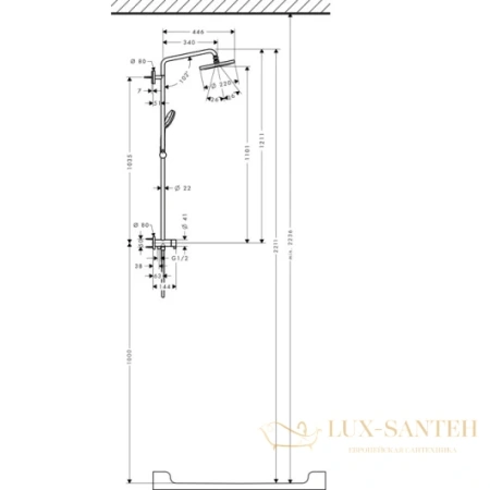 душевая система hansgrohe croma 220 showerpipe reno 27224000 поворотный держатель 400 мм, ½’