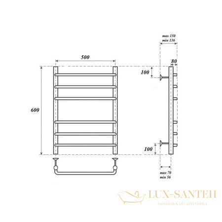 полотенцесушитель 500x600 электрический point нептун pn09156e п6 левый/правый, хром