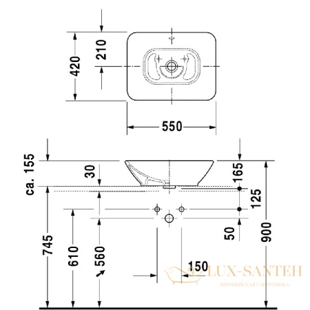 раковина накладная duravit duravit bacino, 0334520000,550x420 мм, с переливом, белый глянцевый