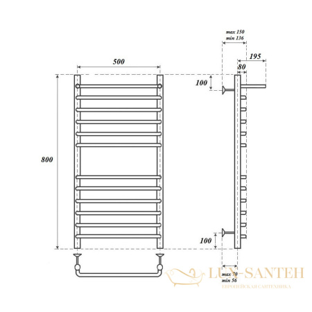 полотенцесушитель 500x800 электрический point нептун pn09158spe п11 с полкой левый/правый, хром