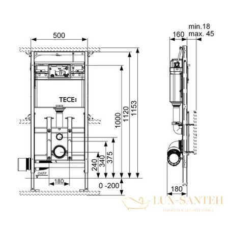 инсталляция для подвесного унитаза tece tecelux 200 9600200 с регулировкой высоты