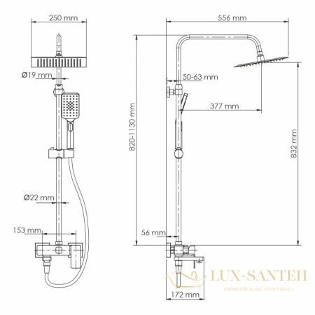 душевая система wasserkraft a27701 250 мм, черный матовый