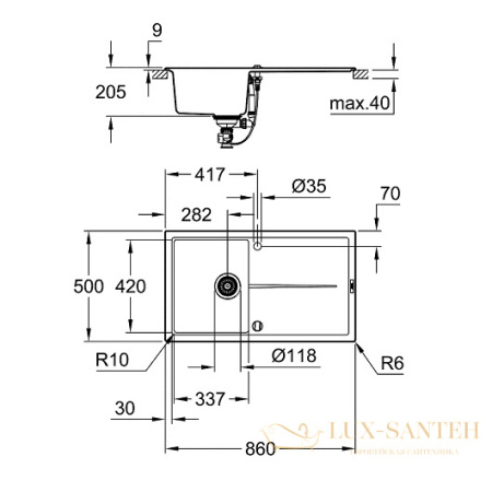 мойка кухонная grohe k400 31640at0 860х500 мм, серый гранит