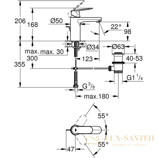 комплект смесителей grohe eurosmart cosmopolitan 1000179, для раковины, ванны с душевым гарнитуром