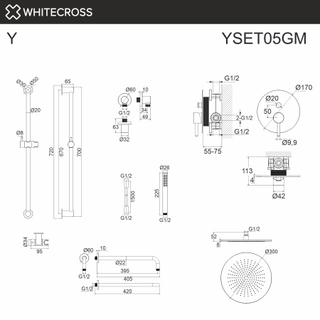 система для душа скрытого монтажа whitecross y yset05gm, оружейная сталь