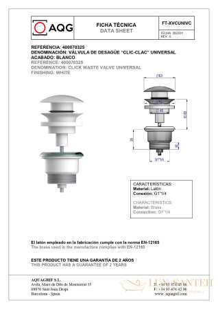 универсальный донный клапан aqg 400070325 click-clack, белый матовый