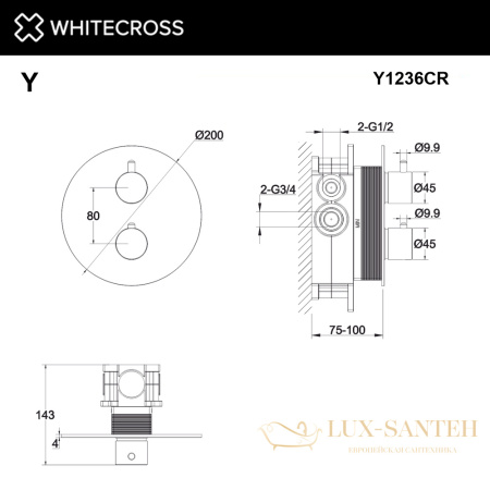 смеситель термостатический для душа скрытого монтажа whitecross y y1236cr, хром