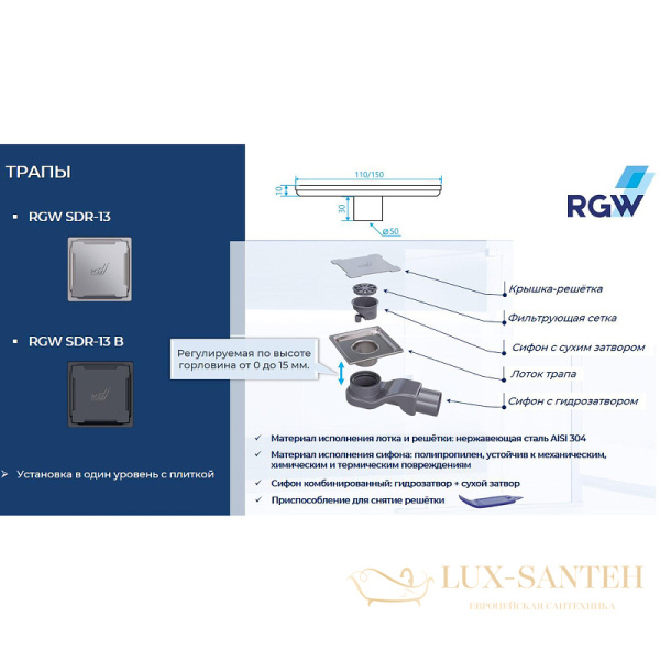 душевой трап rgw 47211315-04 с решеткой sdr-13b, черный