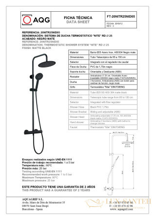 душевая колонна aqg nite 20nitr25nid05 регулируемая по высоте 95-150 см с термостатом, черный матовый