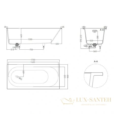 ванна salini ornella kit 102424m s-stone 170x80 см, белый