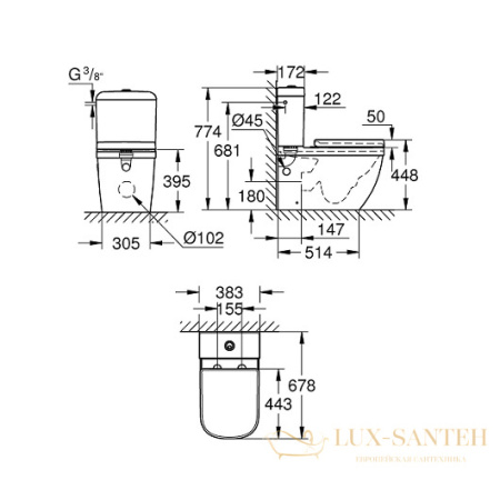 унитаз напольный безободковый grohe euro ceramic 3946200h, белый