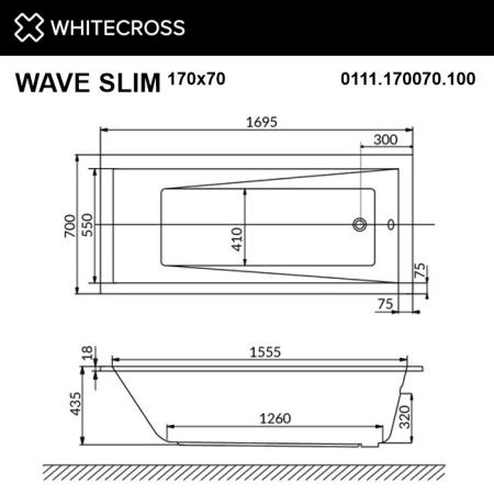 ванна whitecross wave slim 170x70 "relax", 0111.170070.100.relax.wh, белый