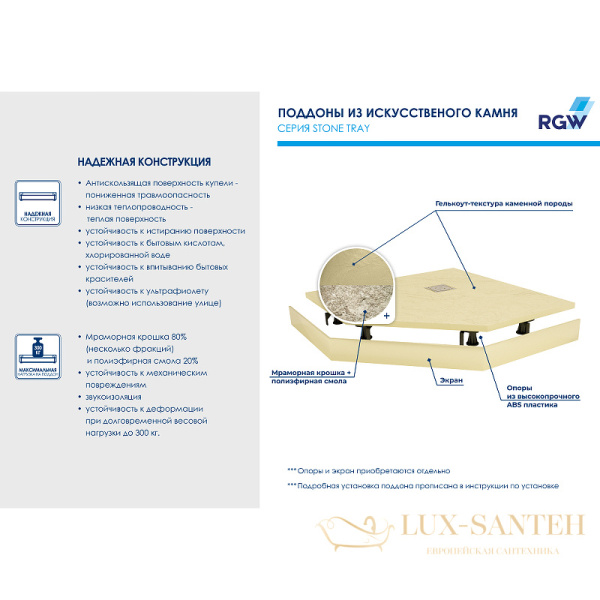 душевой поддон rgw stone tray 16155100-03 из искусственного камня st/t-be 100x100, бежевый