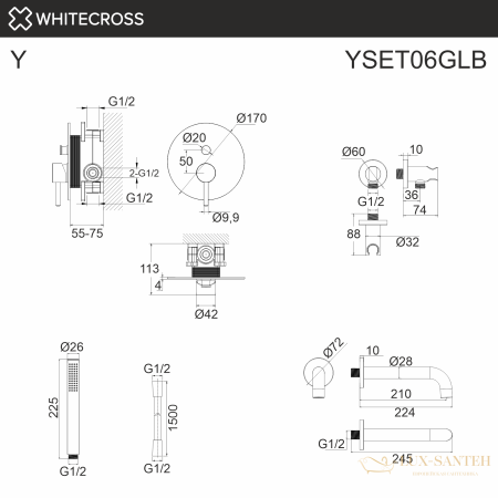 система для ванны скрытого монтажа whitecross y yset06glb, брашированное золото