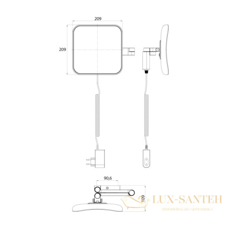 зеркало emco evo, 1095 133 51, косметическое led, 209x209mm, 2-колено, шнур, 5x увелич., подвесной, цвет черный