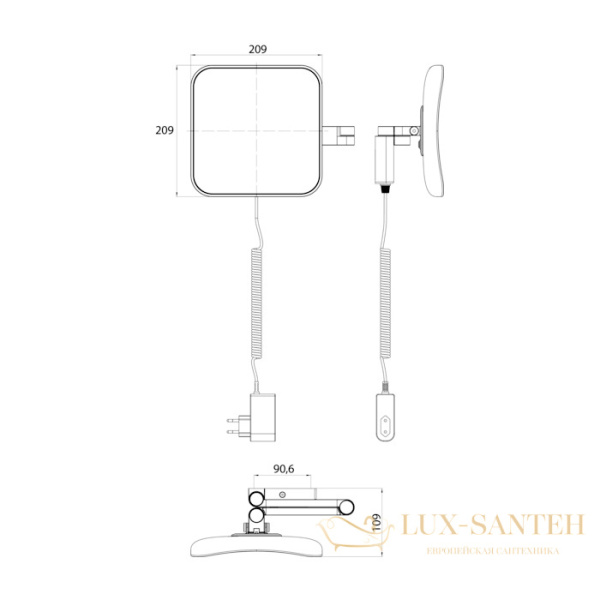 зеркало emco evo, 1095 133 51, косметическое led, 209x209mm, 2-колено, шнур, 5x увелич., подвесной, цвет черный
